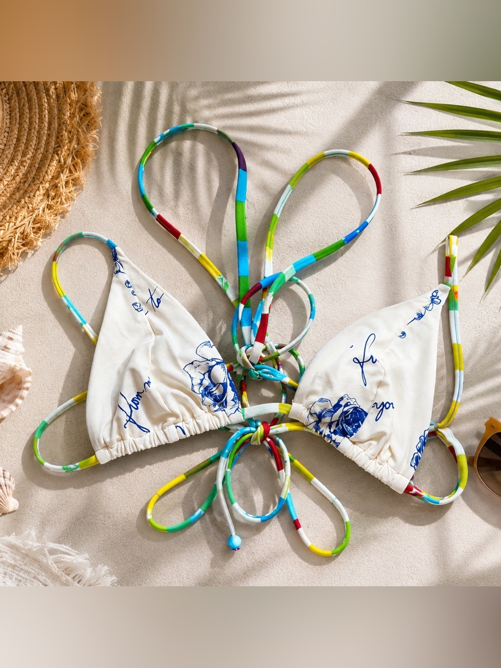 WEWOREWHAT Triangle Bikini Top White Floral Sketch Print Multicolor Straps XS